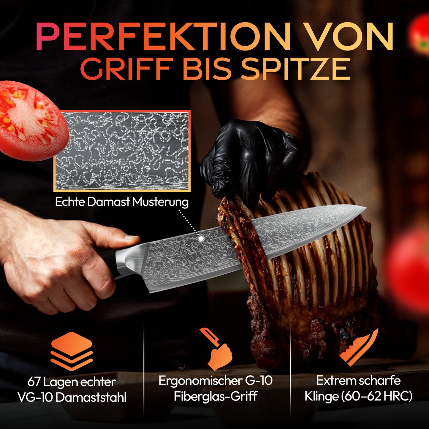 Damast Kochmesser schneidet