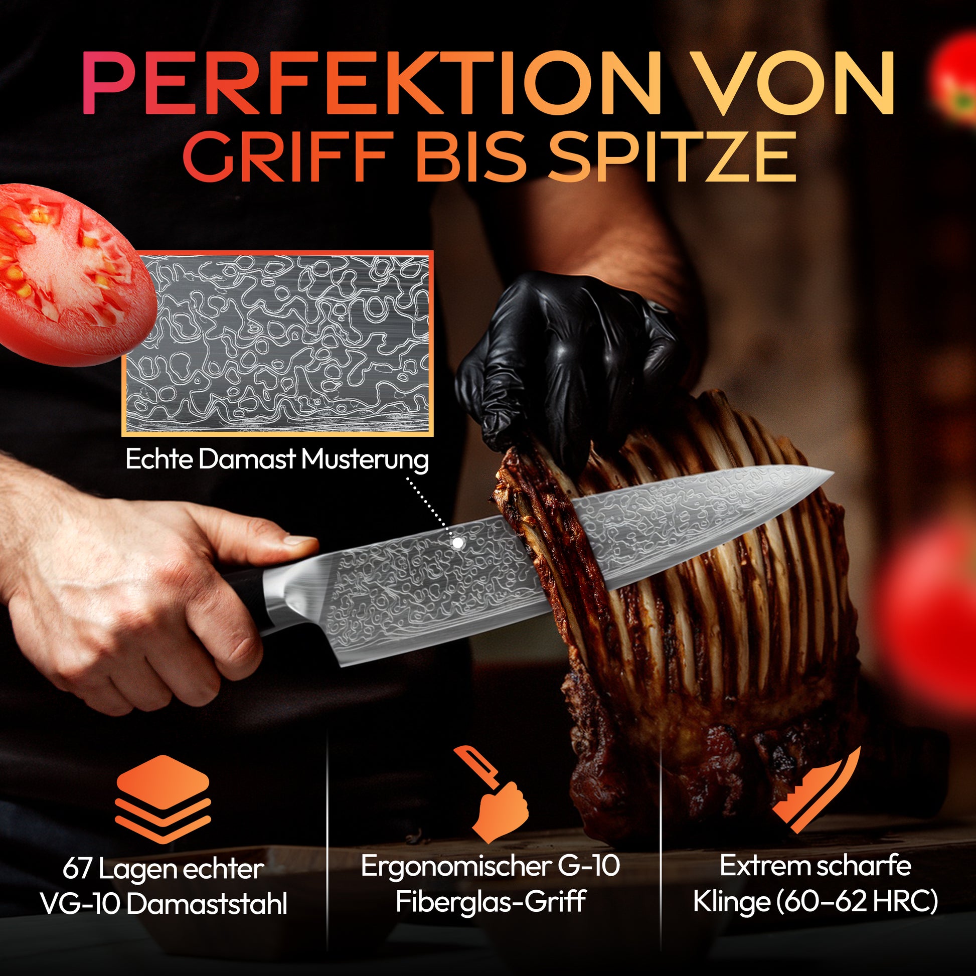 Damast Kochmesser schneidet