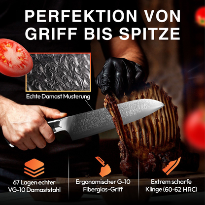 Santoku Damastmesser schneidet 