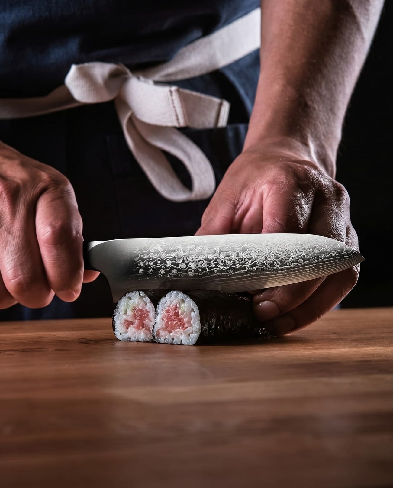 Koch schneidet Sushi mit Damast Santokumesser